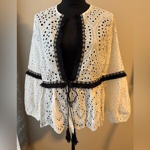 White Eyelet Open Front Cardigan